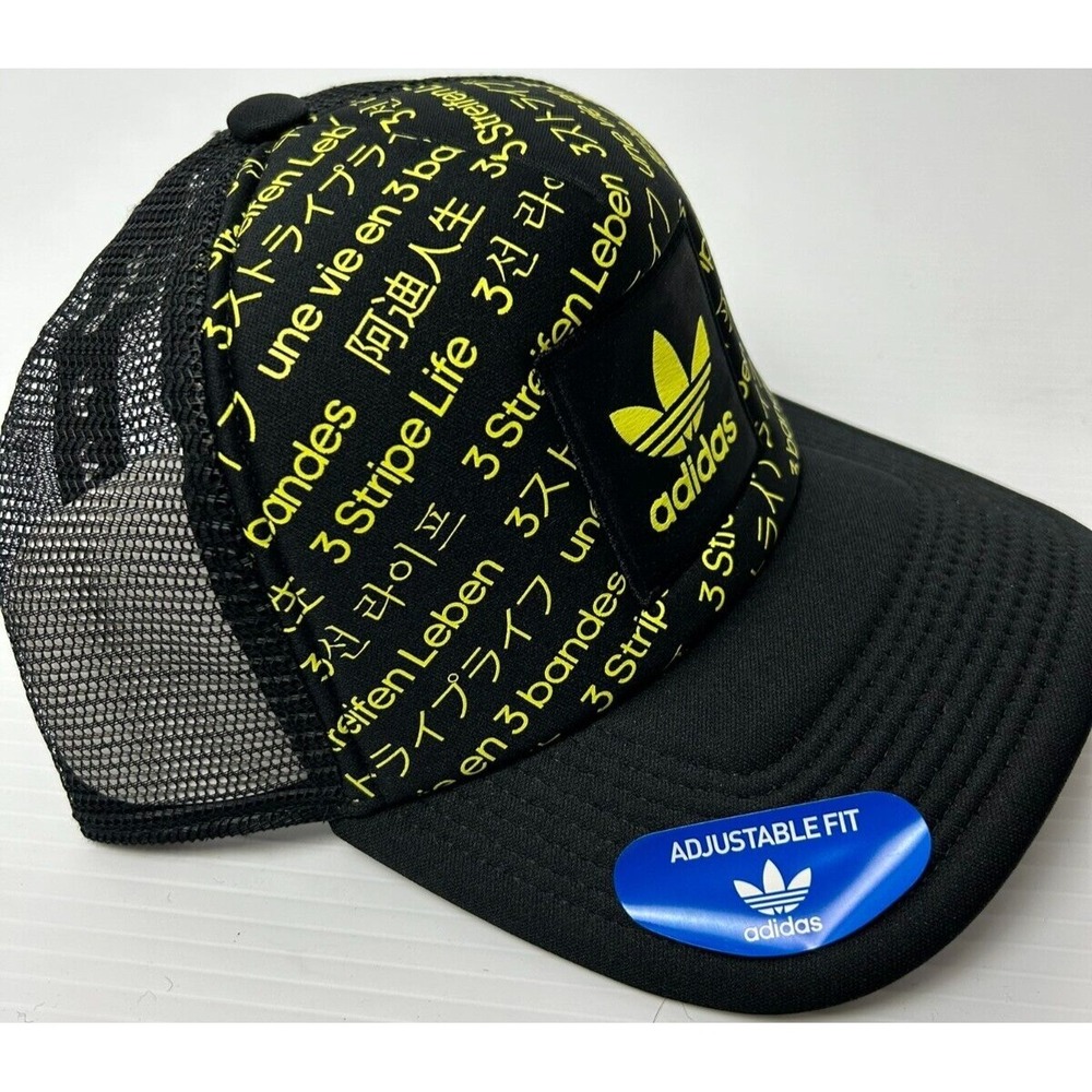 Adidas 3 Stripe Life Recoded Beam Trucker Mesh Cap Hat Black/Yellow Adjustable - Picture 2 of 6